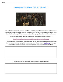 Preview of Underground Railroad Digital Exploration & Response Questions