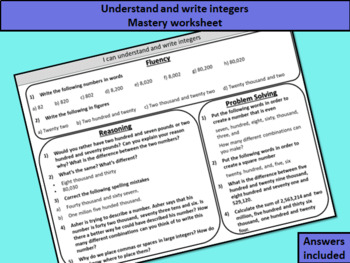 Preview of Understand and write integers - mastery worksheet