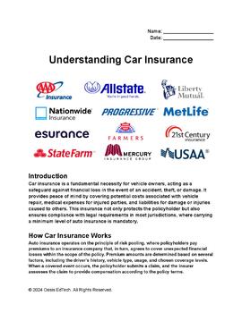 Preview of Understanding Car Insurance Worksheet