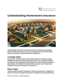 Preview of Understanding Homeowner's Insurance Worksheet