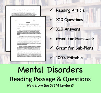 Preview of Understanding Mental Disorders - Reading Passage and x 10 Questions (EDITABLE)