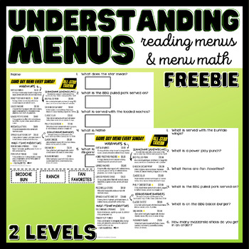 Preview of Understanding Menus FREEBIE - Reading Menus & Menu Math - Life Skills