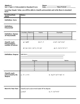 Preview of Understanding Polynomials Cornell Notes