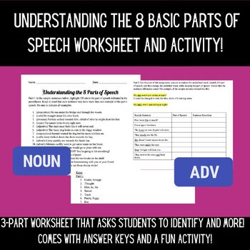 Preview of Understanding the 8 Basic Parts of Speech Worksheet + Interactive Activity