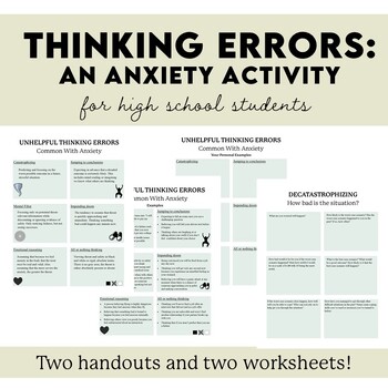 Preview of Unhelpful Thinking Errors Common with Anxiety Activity for high school students