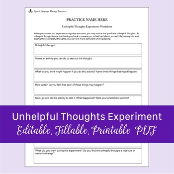 Preview of Unhelpful Thoughts Experiment Worksheet for Stuttering | Editable, Fillable PDF