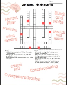 Preview of Unhelpful thinking styles CBT crossword - ELSA Emotional literacy support