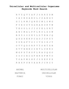 Unicellular and Multicellular Crossword Word Search Worksheet (Organisms)
