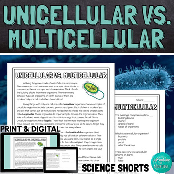 Preview of Unicellular and Multicellular Organisms Reading Comprehension Passage