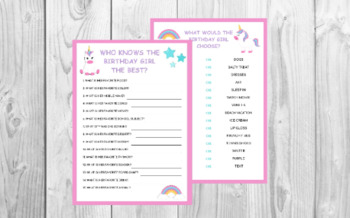 Preview of Unicorn Birthday Game Printable | Who Knows the Birthday Girl the Best