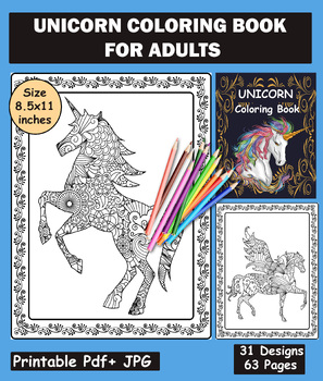 Preview of Unicorn Coloring Book for Adults - 31 Creative and Amazing Unicorns Mandalas.
