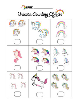 unicorn counting objects 1 10 worksheets math counting objects to 10