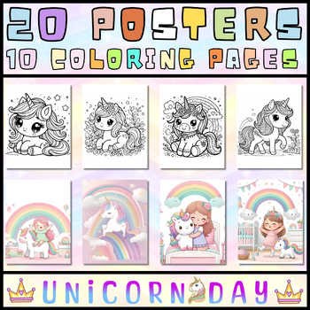 Preview of Unicorn Day 2024 Bulletin Board Posters with coloring pages Activities sheets