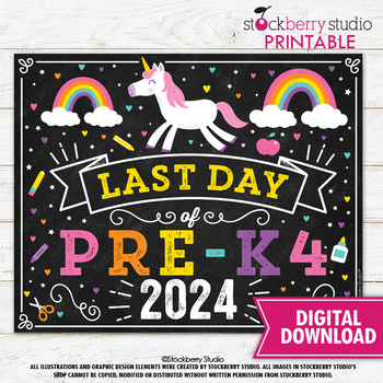 Preview of Unicorn Last Day of Pre-K4 Sign Girl Last Day of Pre-K 2024 Last Day of School