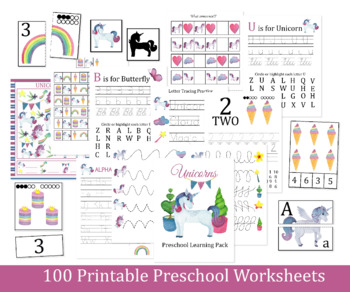 Preview of Unicorn Preschool Learning Pack, worksheets, montessori materials