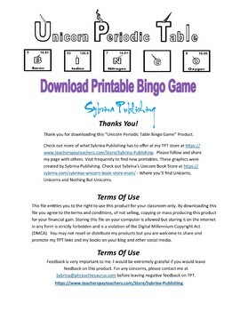 Preview of Unicorn-Themed Periodic Table Bingo