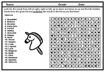 unicorn word search worksheet vocabulary activity by nitin sharma