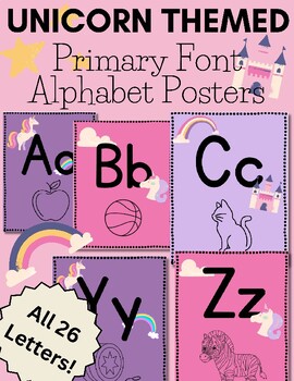 Preview of Unicorn and Rainbow Themed Primary Alphabet Poster Cards