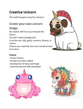 Preview of Unicorn themed Artwork- End of Year, Handout for Middle years or High School Art