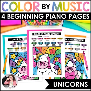 Preview of Music Coloring Pages for Beginning Piano Keys, Fingers, Notes, Symbols - Unicorn