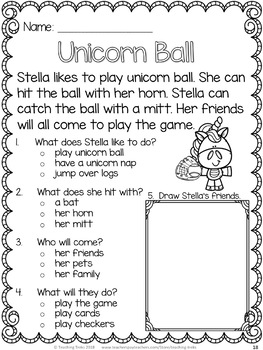 unicorns freebie reading comprehension passages and questions tpt