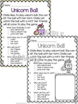 unicorns freebie reading comprehension passages and