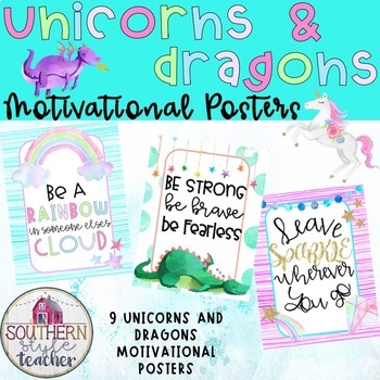 Preview of Unicorns and Dragons Classroom Decor Motivational Posters