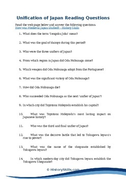 Preview of Unification of Feudal Japan Reading Questions Worksheet