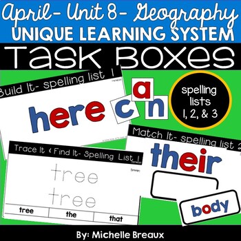 Preview of Unique Learning April Unit 8- Geography- Spelling Words Task Cards (3 sets)