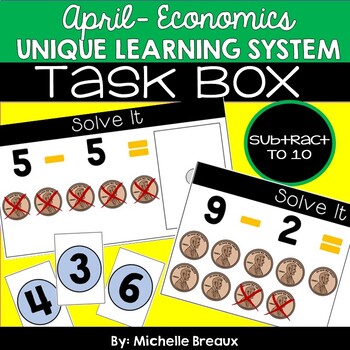 Preview of Unique Learning System Task Box- Subtraction to 10 (SPED, Autism) April Unit 23