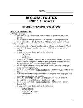 Preview of Unit 1.1 Reading Questions for IB Global Politics, HL or SL