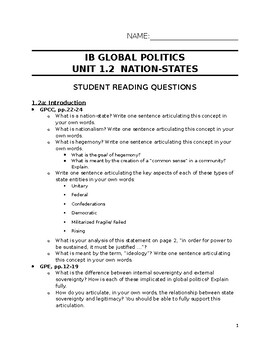Preview of Unit 1.2 Reading Questions for IB Global Politics, HL or SL