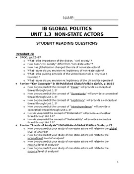 Preview of Unit 1.3 Reading Questions for IB Global Politics, HL or SL