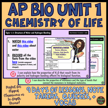 Preview of Unit 1 AP Bio Chemistry of Life Content, Note Taker, and Quiz Bundle