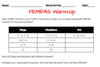 Preview of Unit 1: Algebra Foundations PEMDAS Warm up activities 