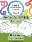 Unit 1 Decimals and Integers Homework with Answer Key