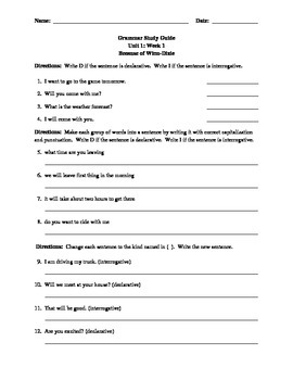 Preview of Unit 1 Grammar Study Guide: 4th Grade 2013 Foresman Reading Street