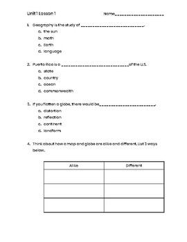 Preview of 3rd Grade Social Studies Unit 1 Lesson 1 Quiz- Geography