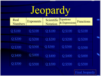 Preview of Unit 1 Real Numbers, Exponents, and Scientific Notation Jeopardy Review Game