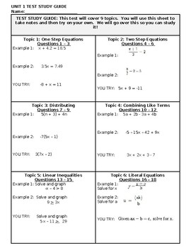 Unit 1 Test: Equations Study Guide by Math Minded Creations | TPT