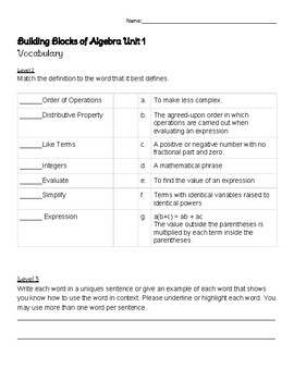 Preview of Algebra 1 Unit 1 Vocabulary Resources  Pre-course review