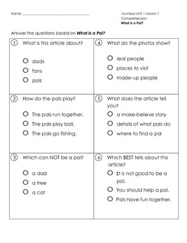 Preview of Journeys First Grade Weekly Assessment Unit 1 (RLA tests) Lessons 1-5