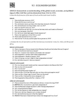 Preview of Unit 11.3 - Decolonization Guided Reading Questions