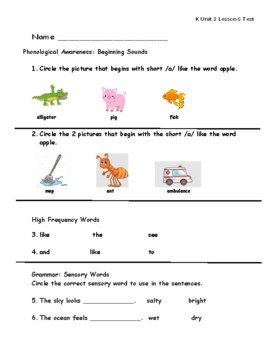 Preview of Unit 2 Lesson 6 Journeys Kindergarten Reading Assessment