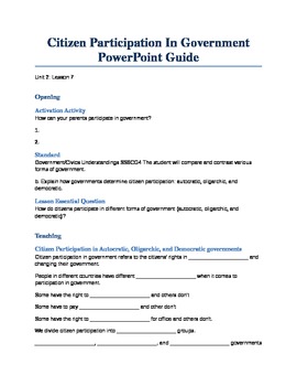 Preview of Unit 2- Lesson 8- Citizen Participation In Government PowerPoint Guide