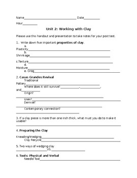 Preview of Unit 2: Working with Clay; Guided Notes Page