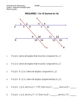 Unit 3 Lesson 2 Properties Of Parallel Lines Worksheet Tpt