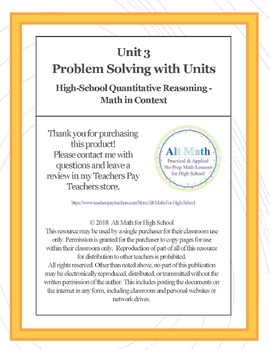 Preview of Unit 3 Problem Solving with Units (High-school Quantitative Reasoning)