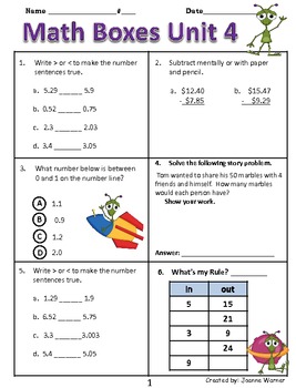 Unit 4 Decimals Math Boxes Review 4th Grade by Joanne Warner | TpT