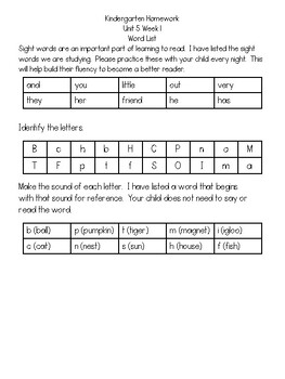 Preview of Unit 5 Week 1 Benchmark Homework for Kindergarten with Letter Naming Fluency